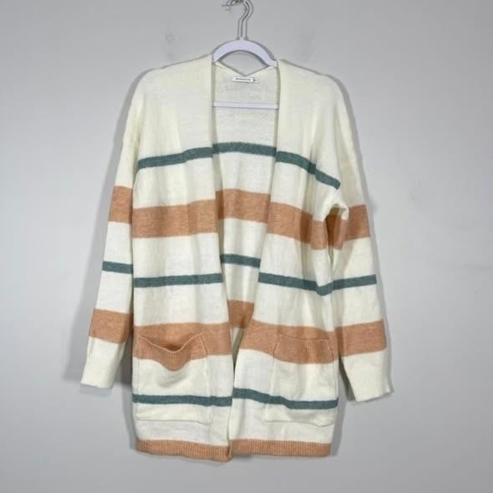 Staccato Long Line Cardigan Womens‎ Large Cream Teal Stripe Open Front Pockets